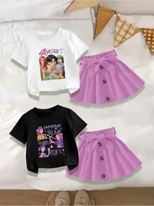 4 pieces: Girls' casual cute crew neck short-sleeve T-shirts and skirt sets, with Witch Hunter Group "KPOP" themed prints, trendy and sweet summer outfits Clothing Set