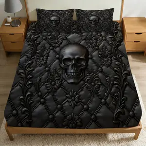 2/3Pcs Skull And Patterned Fitted Sheet Set(1*Fitted Sheet+1/2*Pillowcase, No Filling),High-Definition Digital Printed ,100% Polyester Fiber,Machine Washable,With Zipper,A Perfect Gift For Family And Friends All Year Round!