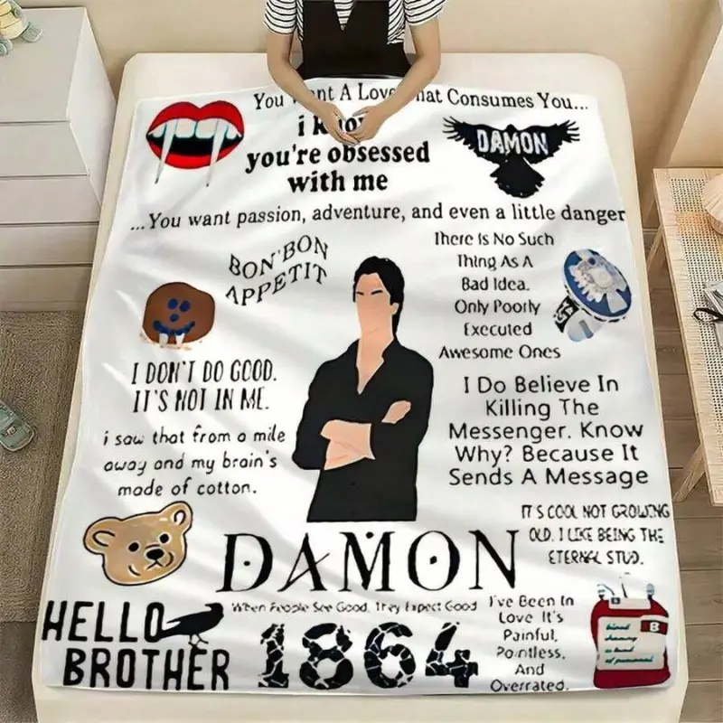Damon Diaries Quotes Pattern Graphic Print Throw Blanket, 280gsm Soft Cozy, Ideal for Couches & Beds, TV Series Fans Fandom Themed Decor by summerwins, Graphic Print Blankets