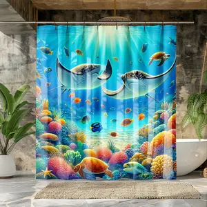 1pc  Undersea Devil Fish Shower Curtain - Vibrant Marine Life Design with Coral Reefs & Fish, Machine Washable, Perfect for Bathroom Decor, Bathroom Curtain | Vibrant Shower Curtain | Durable Shower Curtain, Shower Curtains for Bathroom