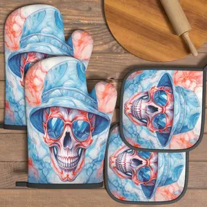 4pcs Heat Resistant Oven Mitts And Potholders Cool Skull with Hat and Sunglasses Oven Mitts And Pot Holders Sets Suitable For Kitchen Decoration, Cooking, Grilling, Baking And Great Holiday Camping Picnics Gifts