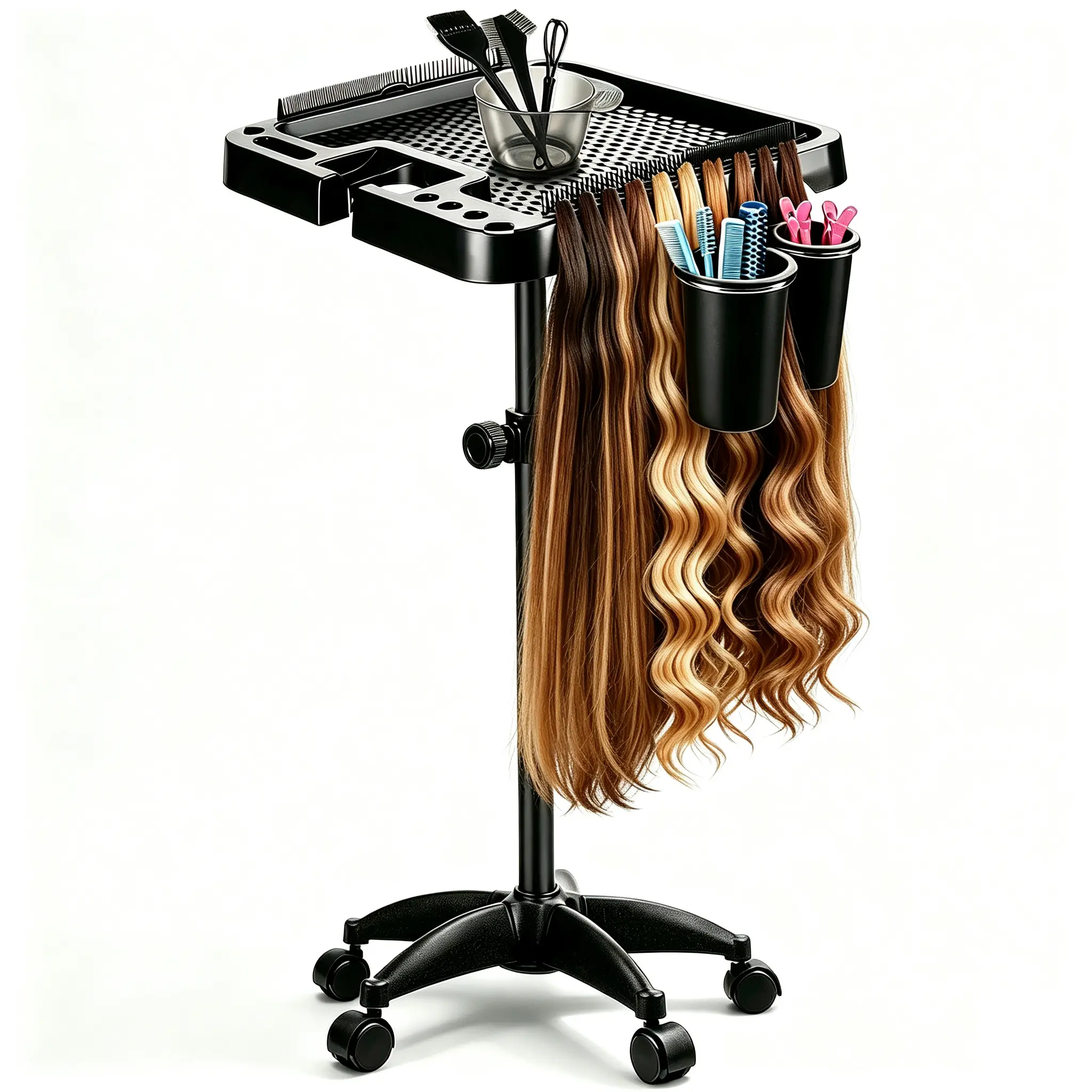 Traditional Adjustable Rolling Salon Styling Station - ABS+Metal Commercial Barber Salon Equipment with Tool Tray, Wig Holder, Dryer Holder for Hair Braiding, Pet Grooming