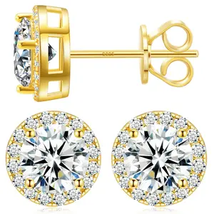 1ct Moissanite Halo Stud Earrings 1Pair 18K Gold Over 925 Silver D-VVS1 Round Cluster Push Back Ice Out zoe engagement ring jewelry Plated