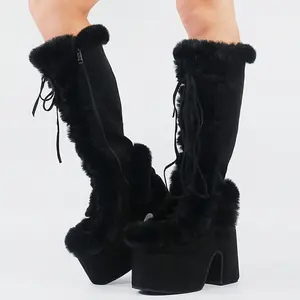 Platform Furry Boots Chunky High Heeled Knee High Boots Women Faux Fur Zip Shoes Winter Snow Boots Girls Footwear Flatform Bota Pu Pink
