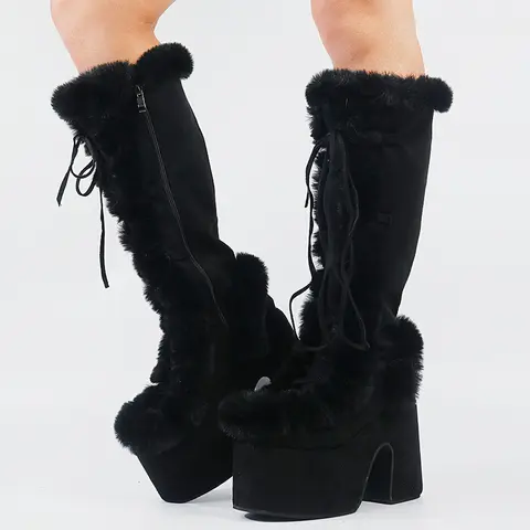 Women's Furry Knee-High Platform Boots - Chunky Heel Style, Round Toe, Furry Inner, PU Leather Zip Slip Resistant Winter Snow Boots, Height Increase Footwear, Shoes for Women, Pink