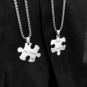 Anniversary Gift Couple Necklace Set His Crazy Her Weirdo Stainless Steel Matching Puzzle Pendant