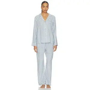 eberjey Nautico Long Pajama Set in Classic Stripe Slate Blue & Ivory