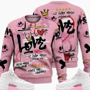 12 Medium Pearl Pink Ugly Sweater, Medium Pearl Pink 12s Outfits Shirt, Happy Love Beats Graffiti Streetwear Unisex Sneaker Matching Shirts