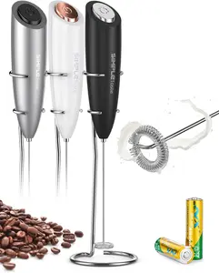 Handheld Electric Milk Frother and Foam Maker with Stainless Steel Whisk and Storage Stand for Cappuccino Latte Bulletproof Coffee and Hot Chocolate Battery Operated Drink Mixer for Kitchen Home Office and Travel Use - Gray