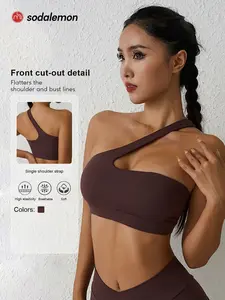 Women's Solid Color Breathable Sports Bra, Elastic Single Shoulder Strap Design, Wireless Casual Outdoor Sport Bra, All Seasons, Slim-Fitting