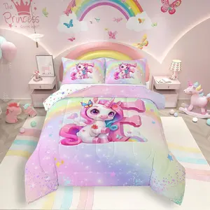 Rainbow Unicorn Bedding Set,Purple Unicorn Kids Comforter Set,Alphabet Monogram F Comforter,Bedroom Decor All Season,Lovely Gradient Glitter Bed Quilt