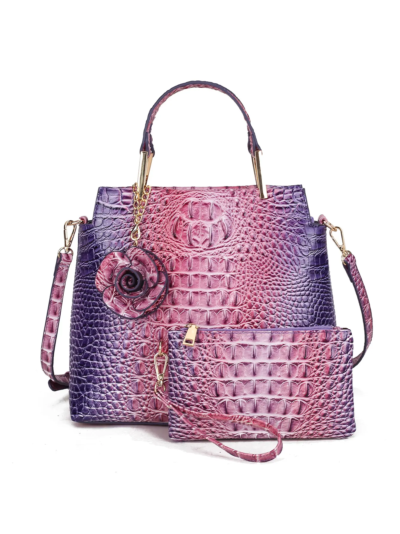 Women's Elegant 2pcs Tote+Wallet Set - Purple-Pink Ombre Crocodile Embossed PU Leather, Crossbody Strap, Wristlet, Compact, Versatile Carrying Options for Everyday Outfits