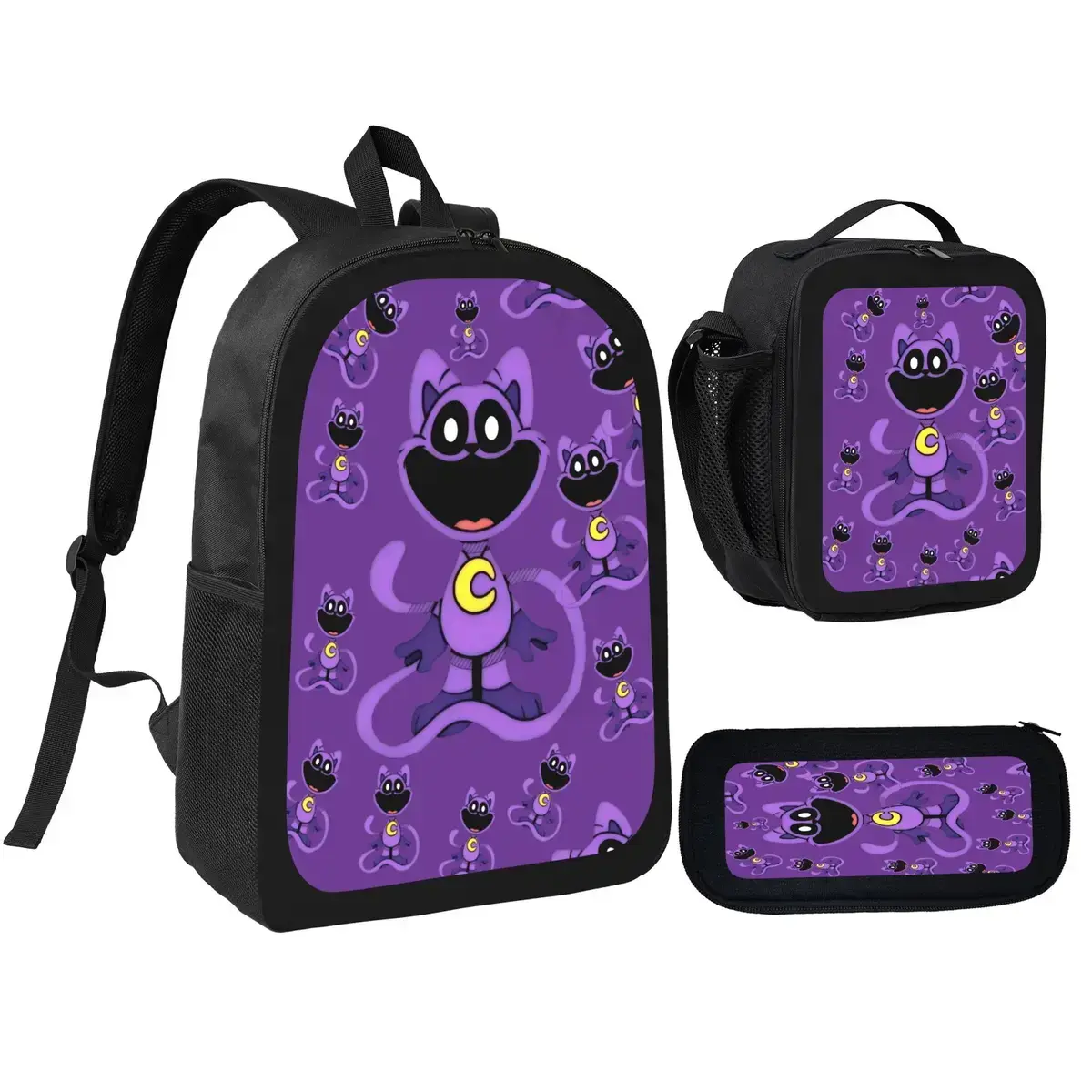 CatNap Smiling Critters 3Pcs School Backpack Set for Kids Boys Girls, Cartoon Purple Cat Print Schoolbag with Insulated Lunch Box and Pencil Case, Perfect Back to School Gift