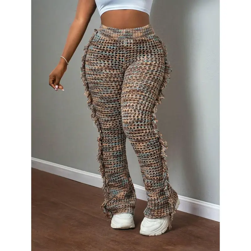 2024 New Autumn/Winter Women Long Fringe Knit Flare Pants, Casual Streetwear Fashion Style - E