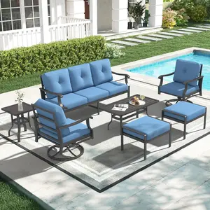 FBT7 Piece Aluminum Patio Conversation Set, Outdoor Metal Furniture Set w/Rocking Swivel Chairs, 3-Seat Sofa, Ottomans and Coffee Side Table, 5" Thickened Cushions for Backyard, Poolside, Blue