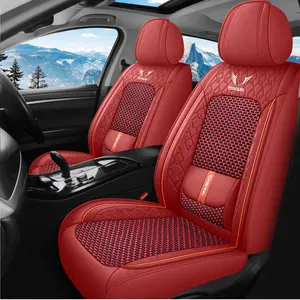 OTOEZ Nappa Leather & Ice Silk Breathable Car Seat Cover with Lumbar Support Full Coverage Universal Front Single Seat 5 Seat Full Set Red Design Stylish Protector
