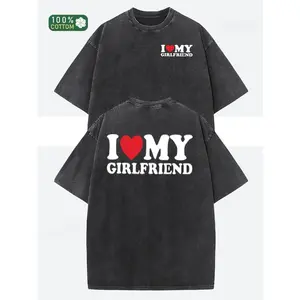 valentine shirts I love my girlfriend alphabet print pure cotton, oversize shoulder retro street basics loose hip-hop men's and women's tops Autumn summer do old  T-shirt Short sleeve round neck T-shirt washed vintage style