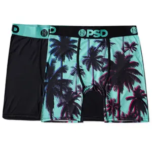 PSD Mens Neon Palms Boxer Brief 2 Pack - Standard Length 7 Inch Inseam, Soft and Breathable Cotton Blend Fabric