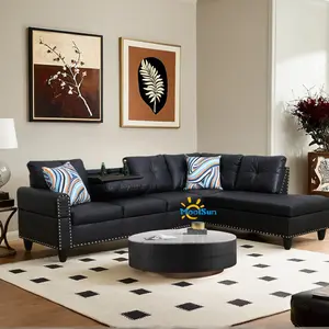 L-Shaped Combination Sofa Set, Luxurious Synthetic Leather Living Room Couch, 2 Pillows, Cup Holder, Faux PU Leather, Suitable for Modern Decor, Living Rooms, Bedrooms, Apartments, and Offices