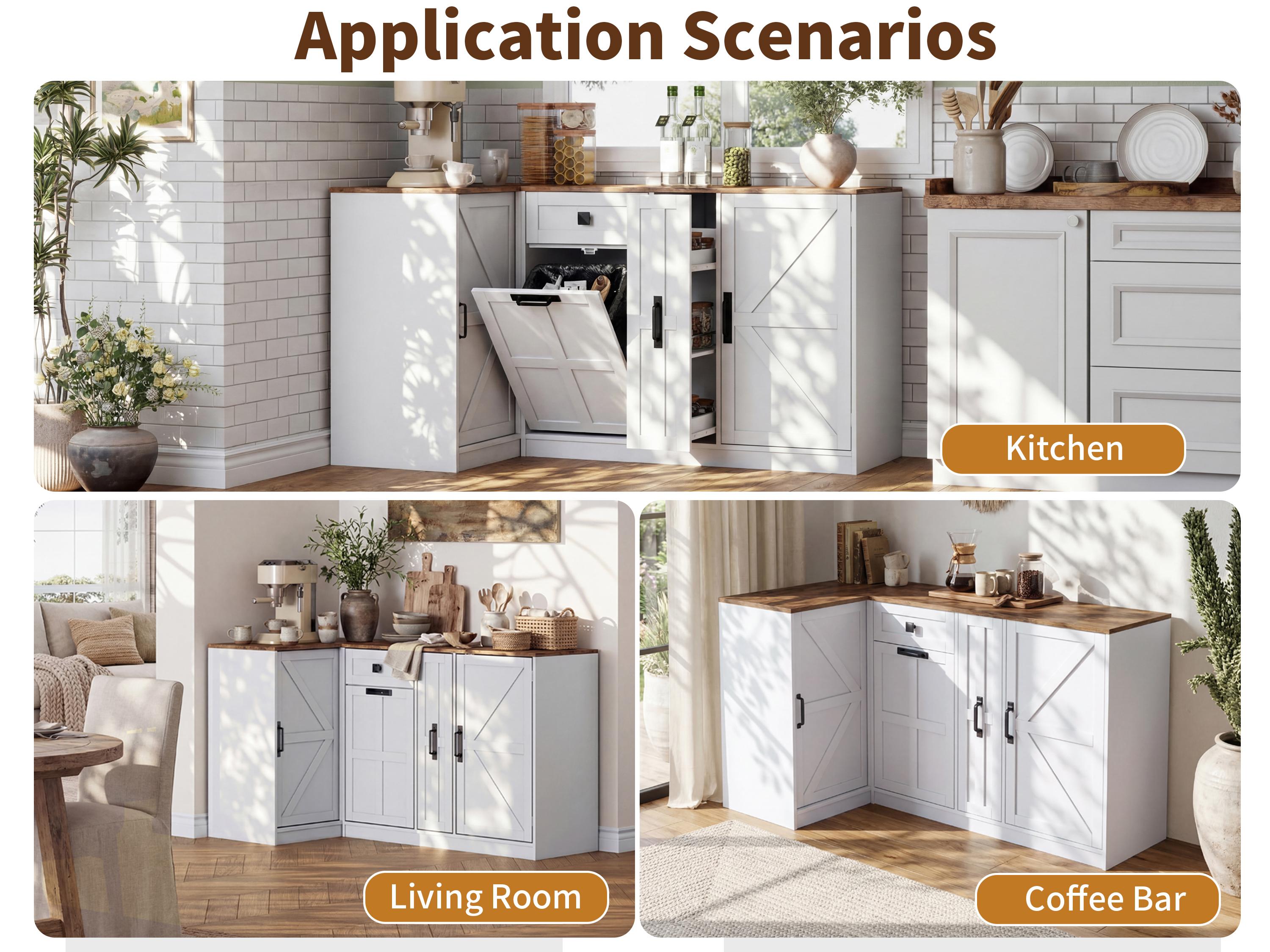 White Farmhouse L-Shaped Corner Kitchen Pantry Cabinet with Countertop, Hidden Trash Storage, 3-Tier Spice Rack, Doors & Adjustable Shelf, Sideboard Storage Cabinet for Dining Room