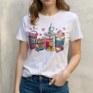 Women's Short-Sleeve Round Neck Heart-Print Vasito Blouse - Cute Casual Shortsleeve Top, Comfortable White Everyday Wear