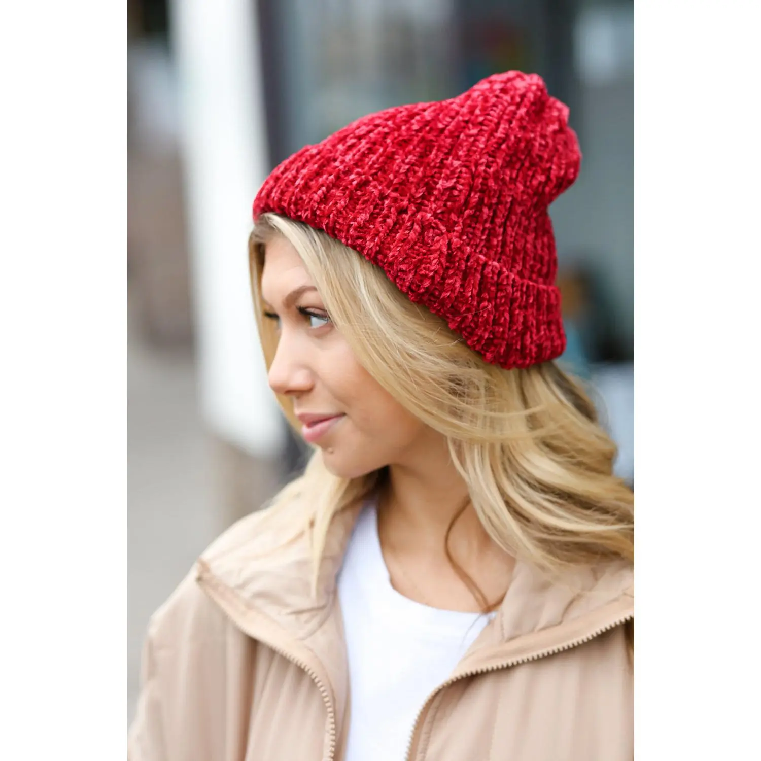 Cranberry Knit Velvet Chenille Fold Over Beanie