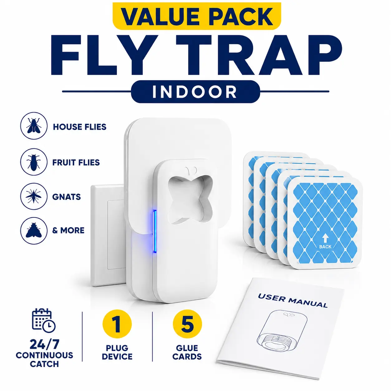 Fly Traps for Indoors Plug in, Indoor Fly Trap with (1 Device + 5 Refill) Sticky Glue Boards for Fruit Flies, House Flies, Gnats & Flying Insects, Quiet Fly Catcher for Kitchen, Home