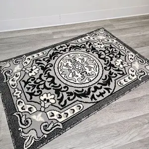 Traditional Style Jumbo Welcome Door Mat, 26x39, Grey-Black with Intricate Floral Design and Rich Grey Base, Welcome Mat