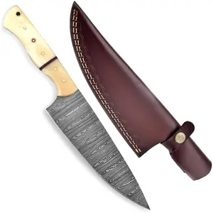 Handmade Damascus Chef Knife with Sheath, Professional chef knife – 7 Inch Blade, Twist Pattern, with Camel bone Handle, convenient for outdoor