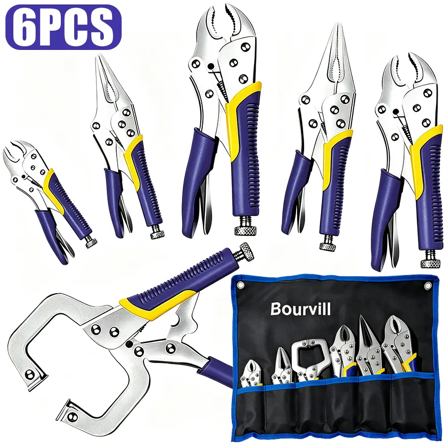 6-Piece Locking Pliers, Vice Grips Pliers Set, 5",7" & 10" Curved Jaw Locking Pliers, 6-1/2" & 9-1/2 Long Nose Locking Pliers, 6" Locking C-Clamp, Two-Color TPR Handle, Roll Up Pouch Included