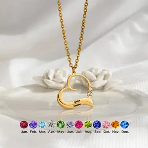 AS1800 Personalized Custom Love Inlaid Birthstone Engraving Name Pendant Stainless Steel DIY Creative Necklace Gift for Men and Women