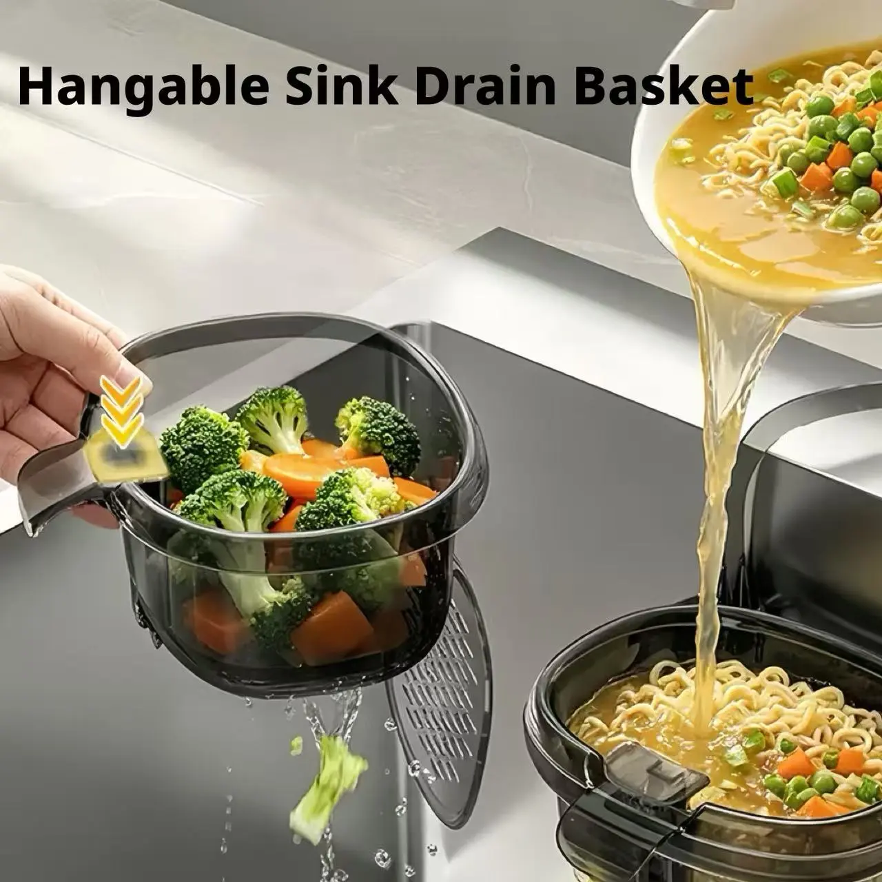 Hanging Sink Strainer Basket - No-Drill Kitchen Drain Colander with Lid, 1-Touch Empty Food Scrap Filter, Faucet-Hanging Vegetable Fruit Washer, Fine Mesh, Press-to-Open, Dishwasher Safe Kitchen Organizer