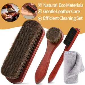 4 Pcs Horsehair Shine Shoes Brush Kit Polish Dauber Applicators Cleaning Leather Shoes Boots Care Brushes Suede Cleaner with Microfiber Shoe Cloth