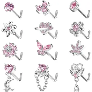 Fansilver 12PCS 20G Nose Rings Surgical Stainless Steel L Shaped Nose Studs for Women Men CZ Heart Butterfly Flower Leaf Moon Dangle Cute Nose Piercings Studs Screw Jewelry Pink Summervibes