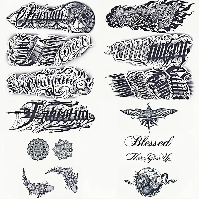 Waterproof Temporary Tattoo Sticker, 12pcs/set Flower & Letter Pattern Tattoo Sticker, Body Art Magic Tattoos for Women & Men, Body Fake Tattoos, Diy Tattoos, Temporary Tattoos Stickers