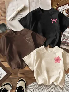 Breathable Casual Classic T-Shirt, Loose Fit Round Neck Design, Bow & Heart Floral Print, Fashion Comfort, Daily Wear, Three Pack