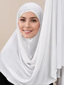 Women's Solid Color Soft Instant Hijab, Modest Hijab, Rhinestone Embellished Lazy Headscarf, Fashionable Elegant Ramadan Gift, All Seasons