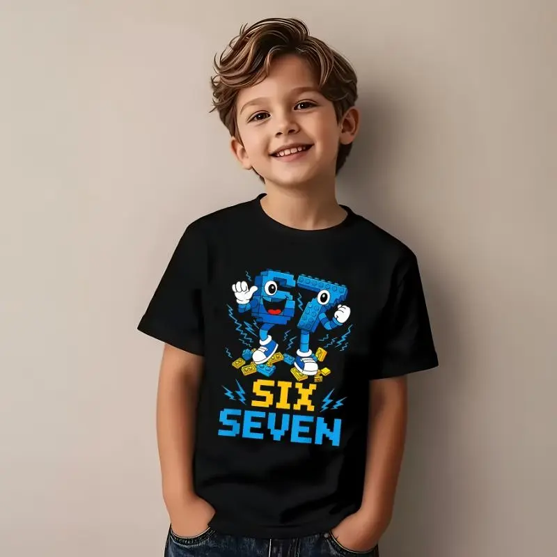 Six Seven 6-7 Funny Brain Meme Boys' T-Shirt Casual Cotton Cartoon