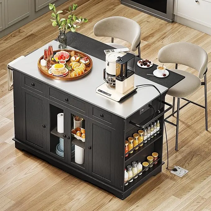 Yitahome Kitchen Island with Stainless Steel Top & Power Outlet, 60 Inch Kitchen Island on Wheels with Drop Leaf, Large Rolling Mobile Center Islands w Storage Drawer Cabinet Counter Metal Top