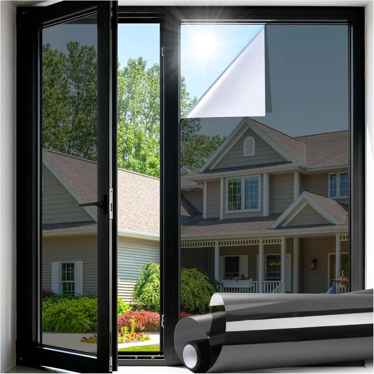 Unidirectional Window Film Privacy Heat Control Sun Blocking UV Protection Static Cling Removable Black Silver