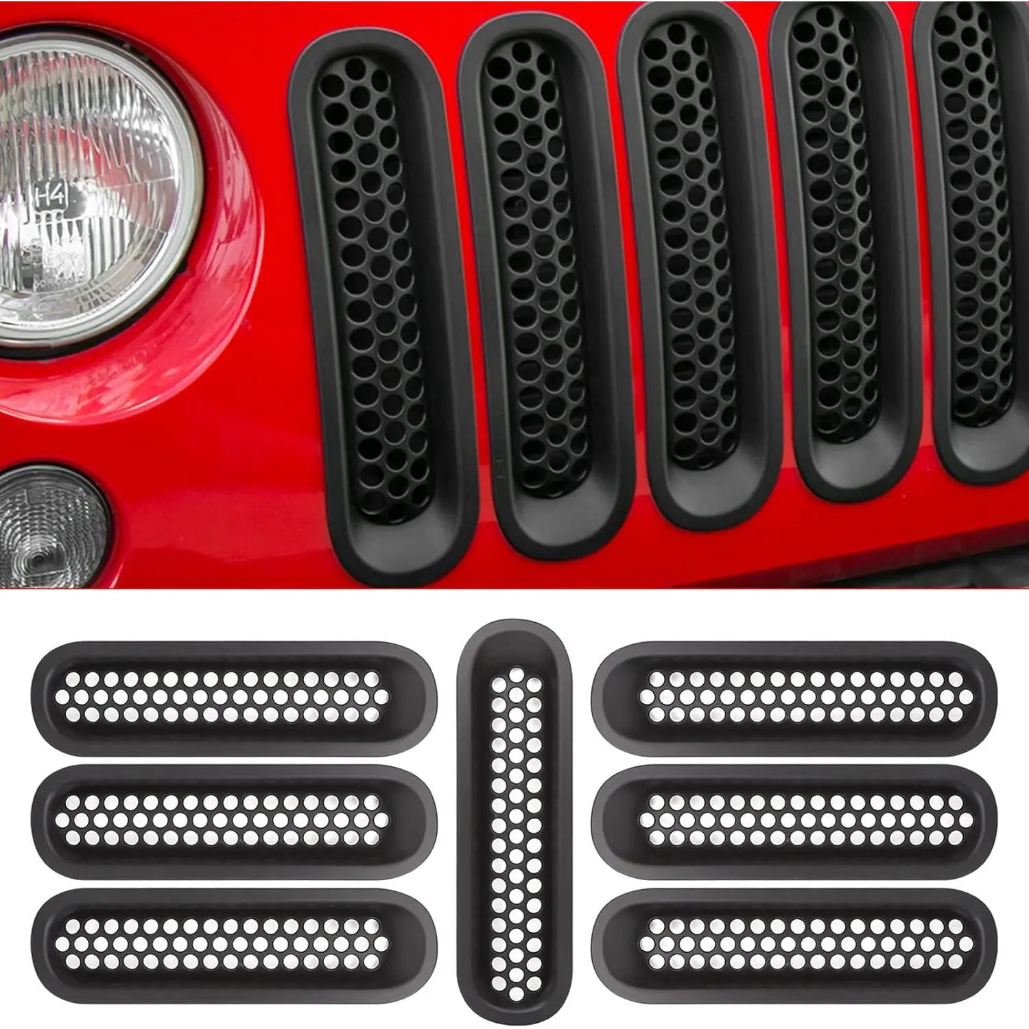Matte Black Clip-On Front Mesh Grille Insert - JK-Matte Black Upgrade Version, Vehicle-Specific Fit for Jeep Wrangler JK JKU 2007-2017, Acrylonitrile Butadienestyrene Chrome Accessory, Installs More Firmly Than Self-Adhesive, Install More Firm Than Self-A