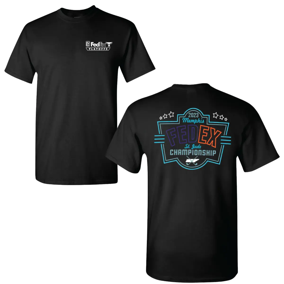 FedEx St Jude Championship Golf T-Shirt, 2023 Memphis Tournament Back Graphic with Neon Style Badge and Stars, Front PGA FedEx Playoffs Logo, Soft Cotton Blend Shirt, Golf Fan Apparel for Men and Women, Collector Gift Tee
