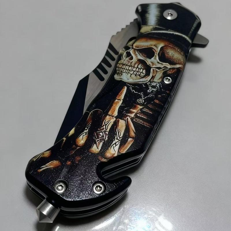 Stainless Steel High-Hardness Multi-Function Folding Knife with Skeleton Ghost Head Pattern, Portable Rope Knife and Glass Breaking Function, Unique Design, Perfect for Camping, Fishing, and Outdoor Exploration, Christmas and Halloween Gift