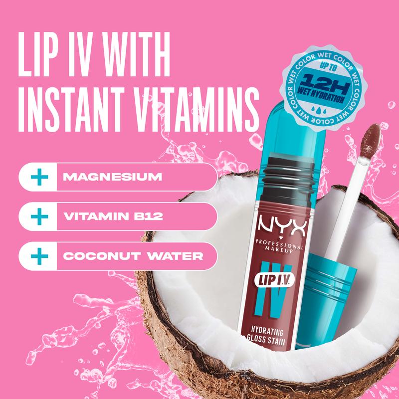 Lip I.V. Hydrating Lip Gloss Serum + Stain, 12HR Lightweight Hydration with Magnesium, Vitamin B12 & Coconut Water, NYX Professional Makeup