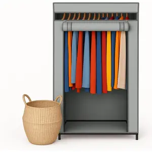 Portable Wardrobe Closet - 50 lb Capacity, Internal Heavy Duty Metal Rod, Zipper & Clear Window, Durable Clothes Organizer, Tool-Free Easy Assembly, Dark Gray Canvas Cover