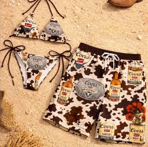 Cow Print Matching Couple Swimwear Set – Western Swim Shorts & Bikini