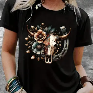 Women'S Casual Crew Neck T-Shirt with Country Cow Skull Print, Floral Design, and Western Horseshoe Detail - Short Sleeve, Regular Fit, Spring/Summer Top, Western T Shirts