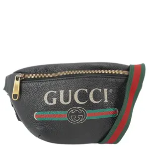 Pre-owned GUCCI Grained Calfskin Leather Belt Bags Logo Print Small Belt Bag Black 527792