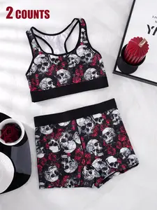 Women's Halloween Rose Skull Print Pajama Set, Dark Style Milk Silk Vest Top, Leopard Belted Casual Fitted Soft Sleepwear, All Seasons