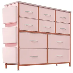 Pink Multifunctional Drawer Tower Spacious Storage with 10 Drawers Fabric Pockets Hooks Sturdy Steel Frame Waterproof Wood Top Anti-Tip Safety Easy Assembly